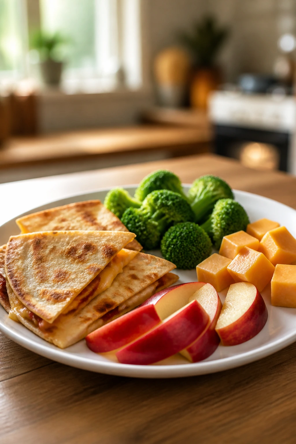 Plate showing honest, separated kid-friendly foods on a family kitchen table