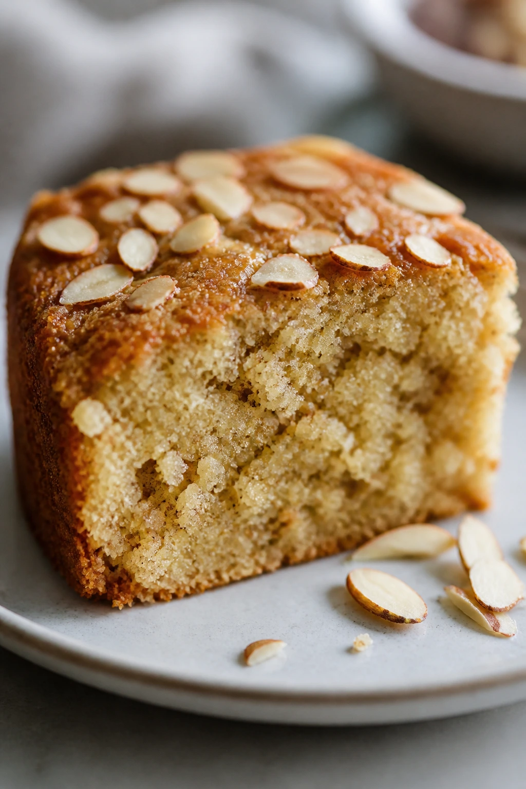 Close-up of a slice of honey almond snack cake with almond specks