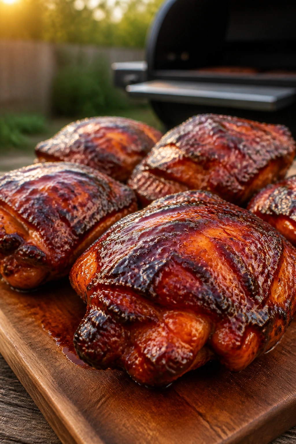Glossy honey-barbecue chicken thighs on a wooden board with warm lighting