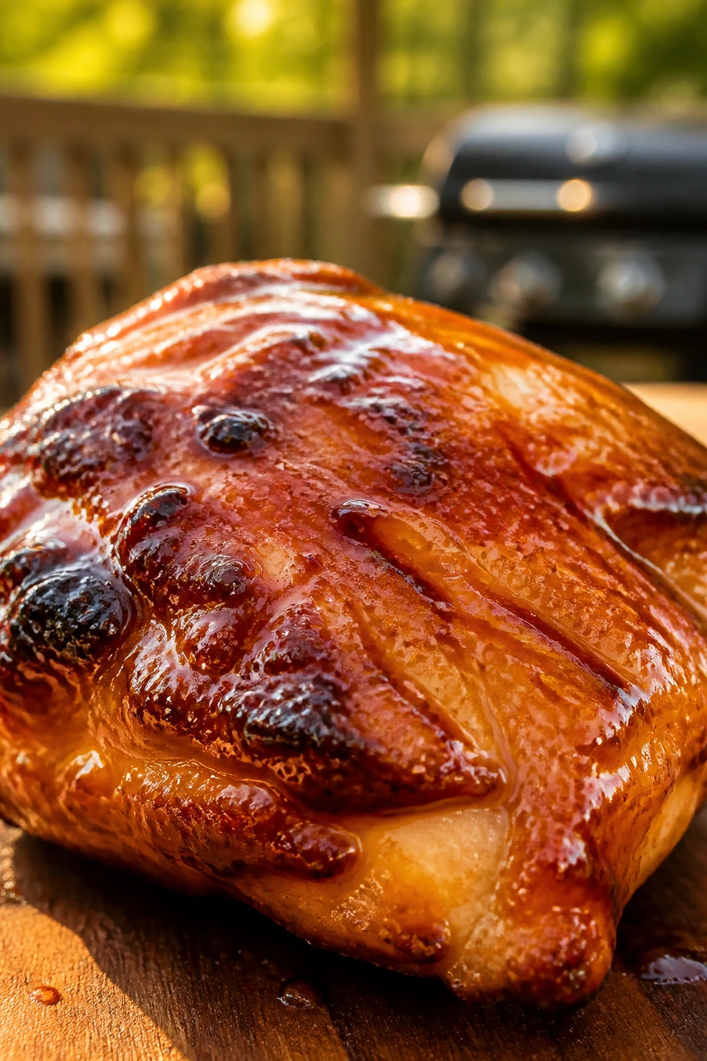 Close-up of glossy honey BBQ chicken thigh at a backyard cookout