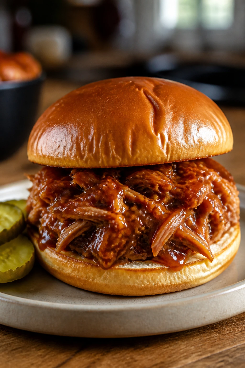 Close-up of honey BBQ chicken sandwich on brioche with glossy glaze.