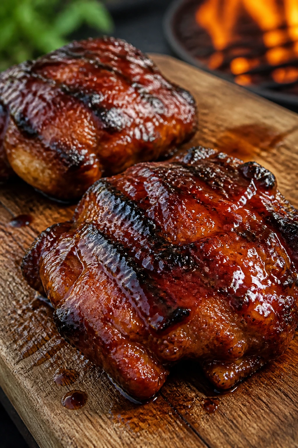 Close-up of two grilled honey BBQ chicken thighs with glossy glaze on a wooden board