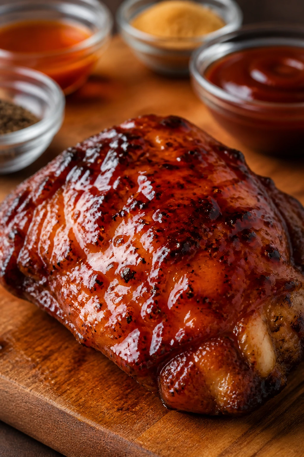 Glazed chicken thigh with rub in backyard prep area