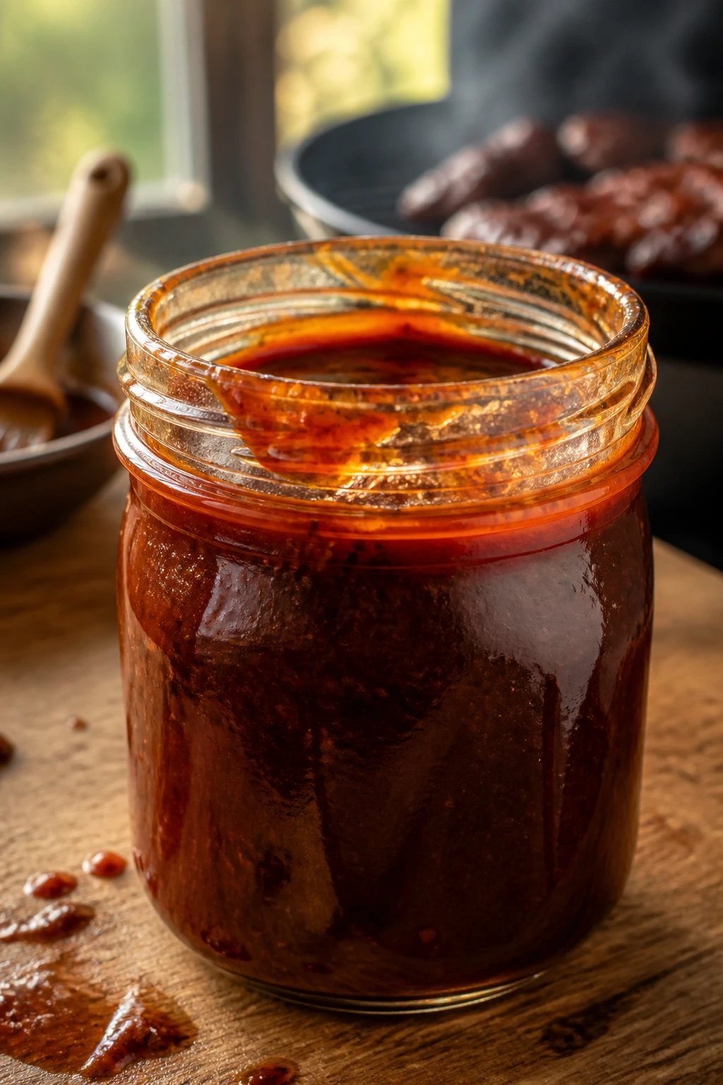 Close-up of glass jar with glossy smoky honey BBQ sauce on a wooden counter