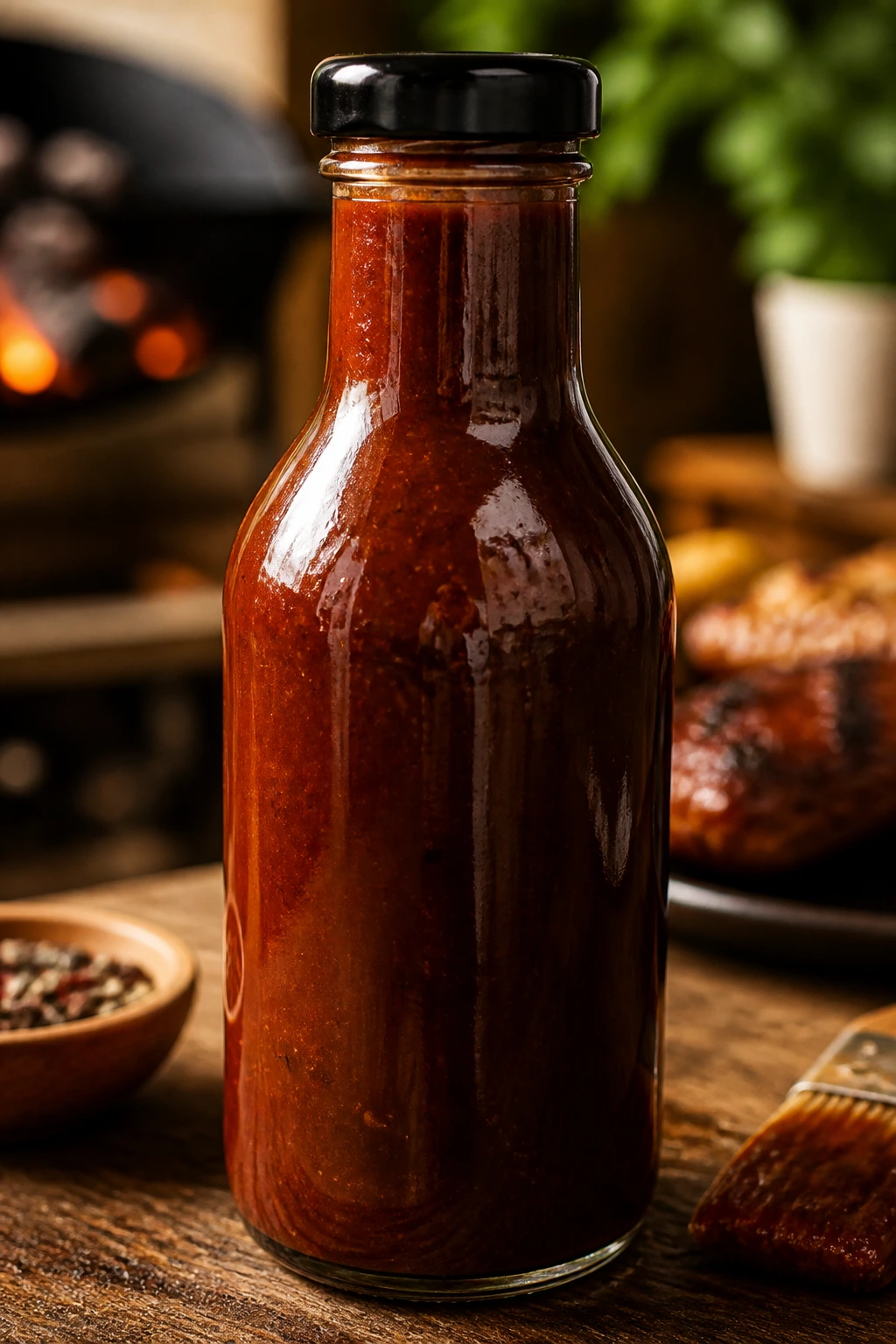Close-up of a bottle of smoky honey BBQ sauce on a kitchen counter