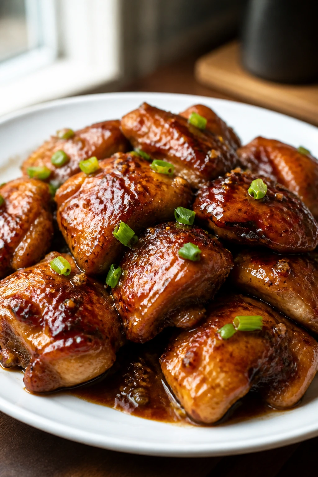 Close-up of glossy honey-glazed chicken bites on plate