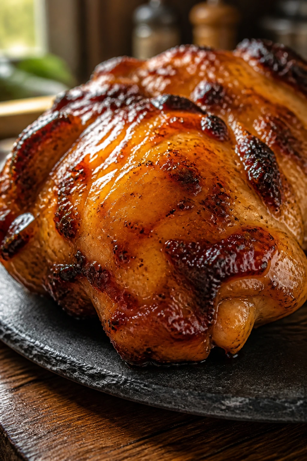 Close-up of glossy honey-glazed chicken thigh on a dark plate in a warm kitchen