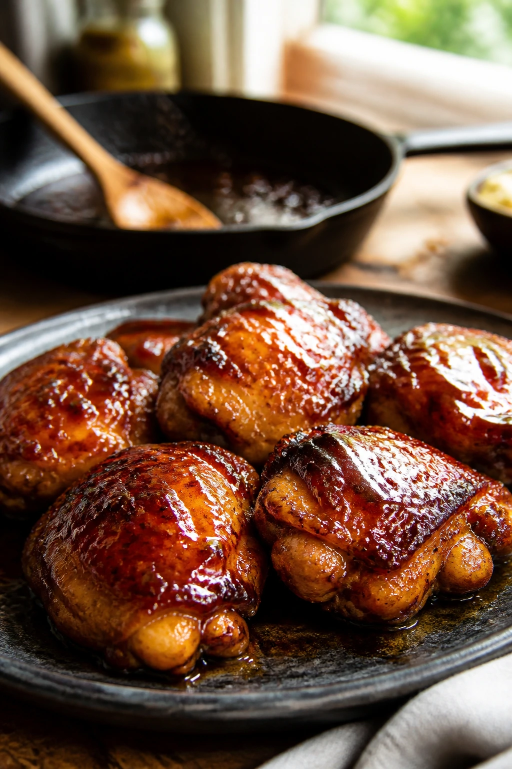 Close-up of glossy honey-glazed chicken thighs on a rustic plate in a warm kitchen