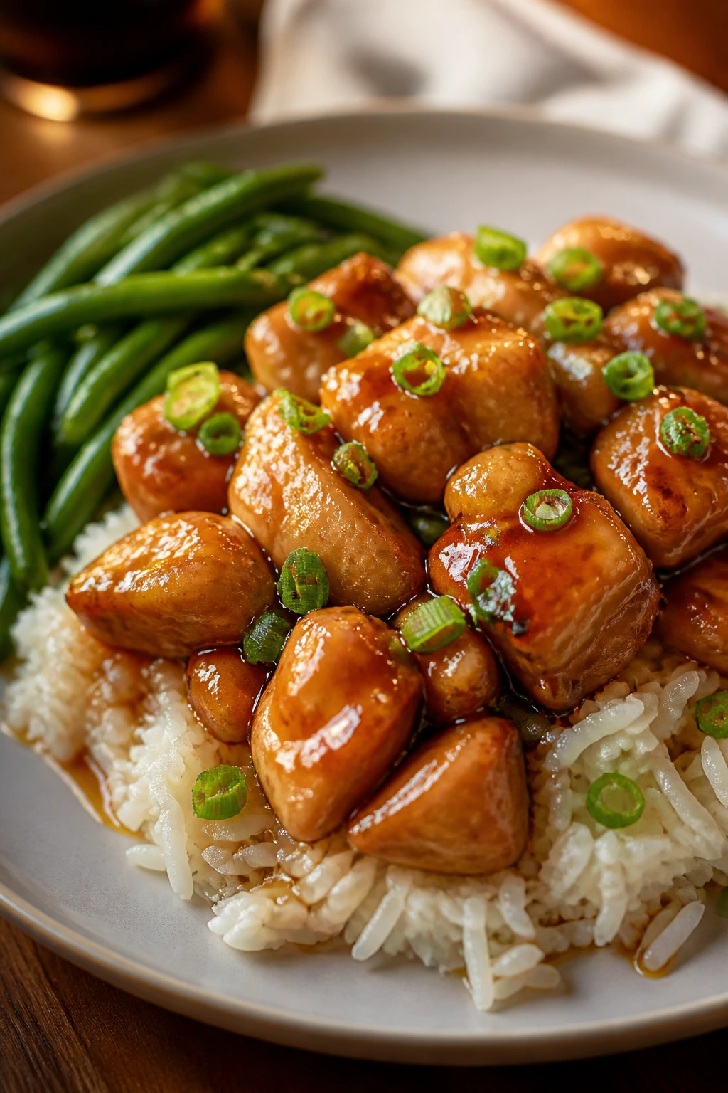 Plate of honey chicken with rice and greens