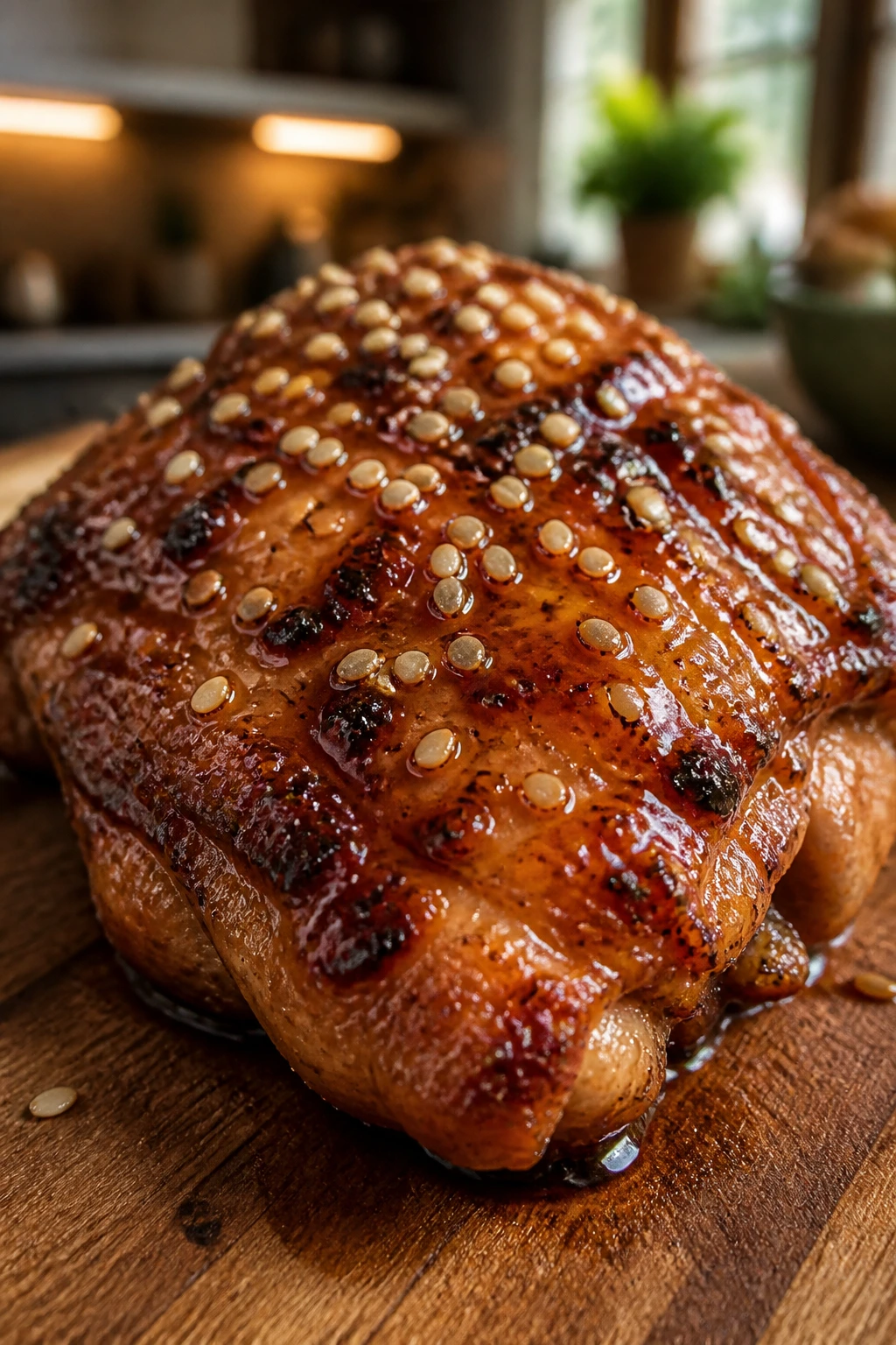 Close-up of sesame-seeded honey chicken on a wooden board