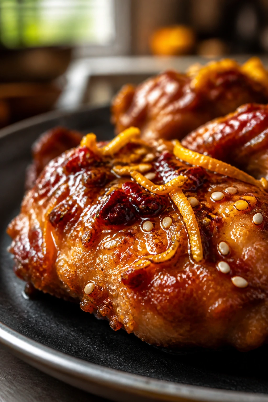Close-up of glazed honey chicken showing orange zest, chili crisp, and sesame seeds
