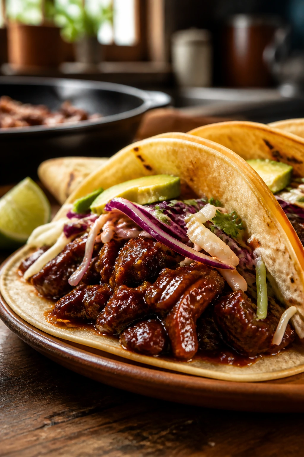 Close-up honey-chipotle beef taco with glossy filling on rustic plate