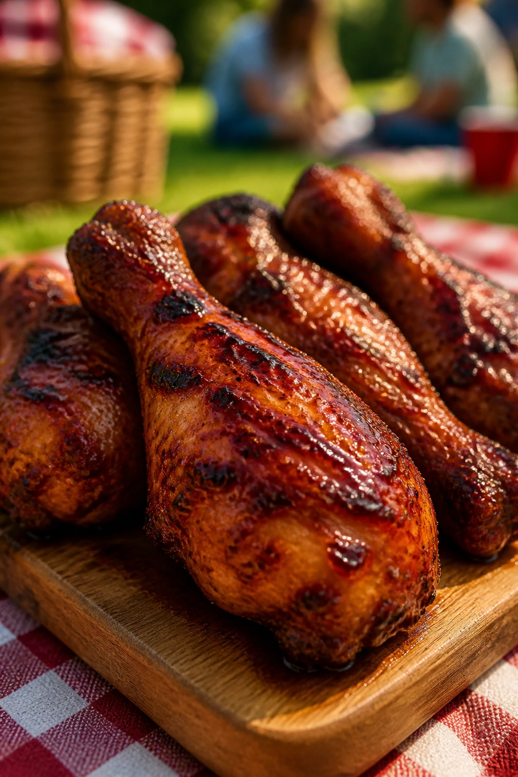Close-up of honey-chipotle glazed chicken drumsticks outdoors