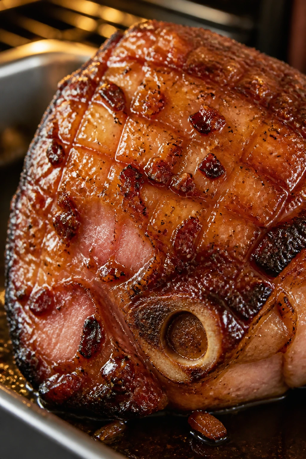 Close-up of glossy honey chipotle glaze on roasted ham