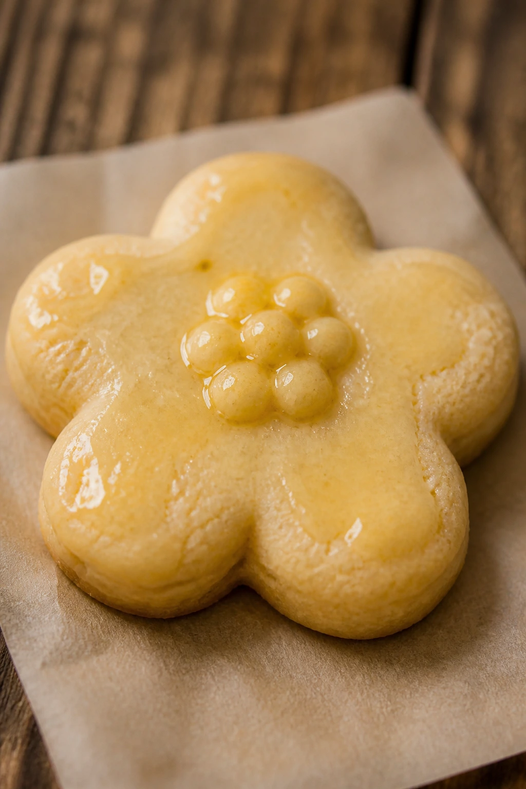 Close-up of Honey-Butter Flower Cookie with honey glaze
