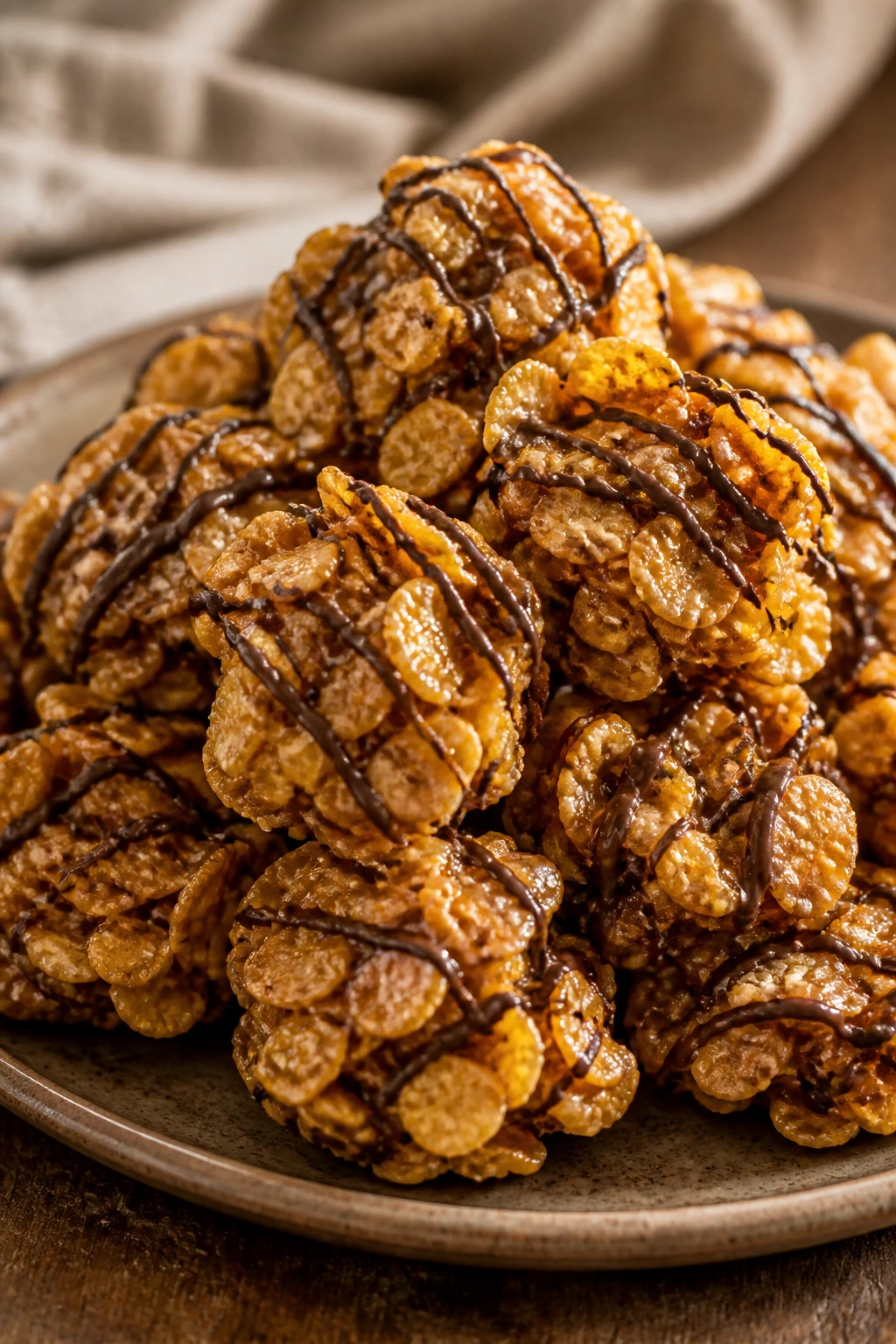 Close-up of honey cornflake clusters with chocolate drizzle