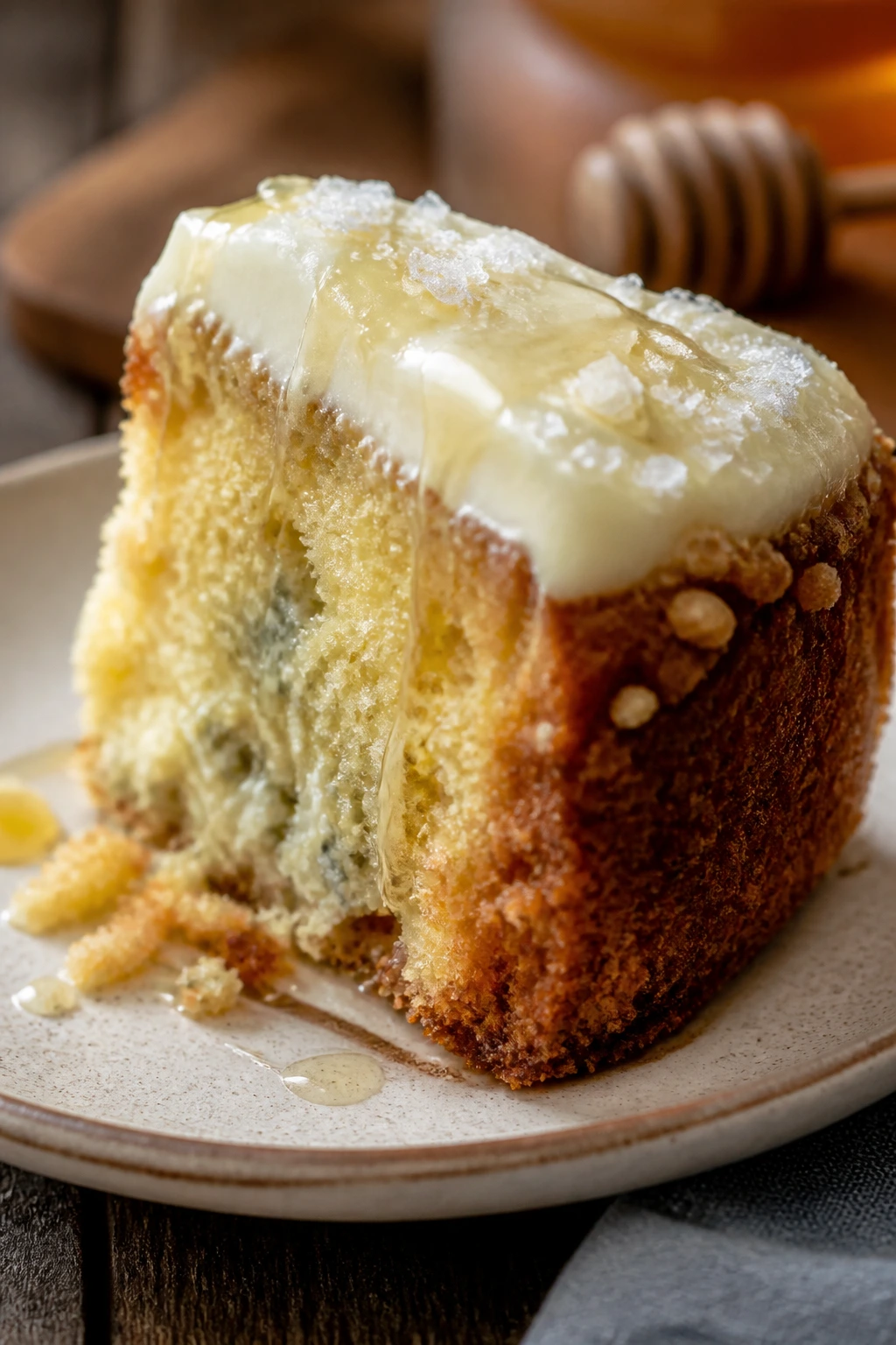 Cake slice with honey drizzle and flaky salt on frosting