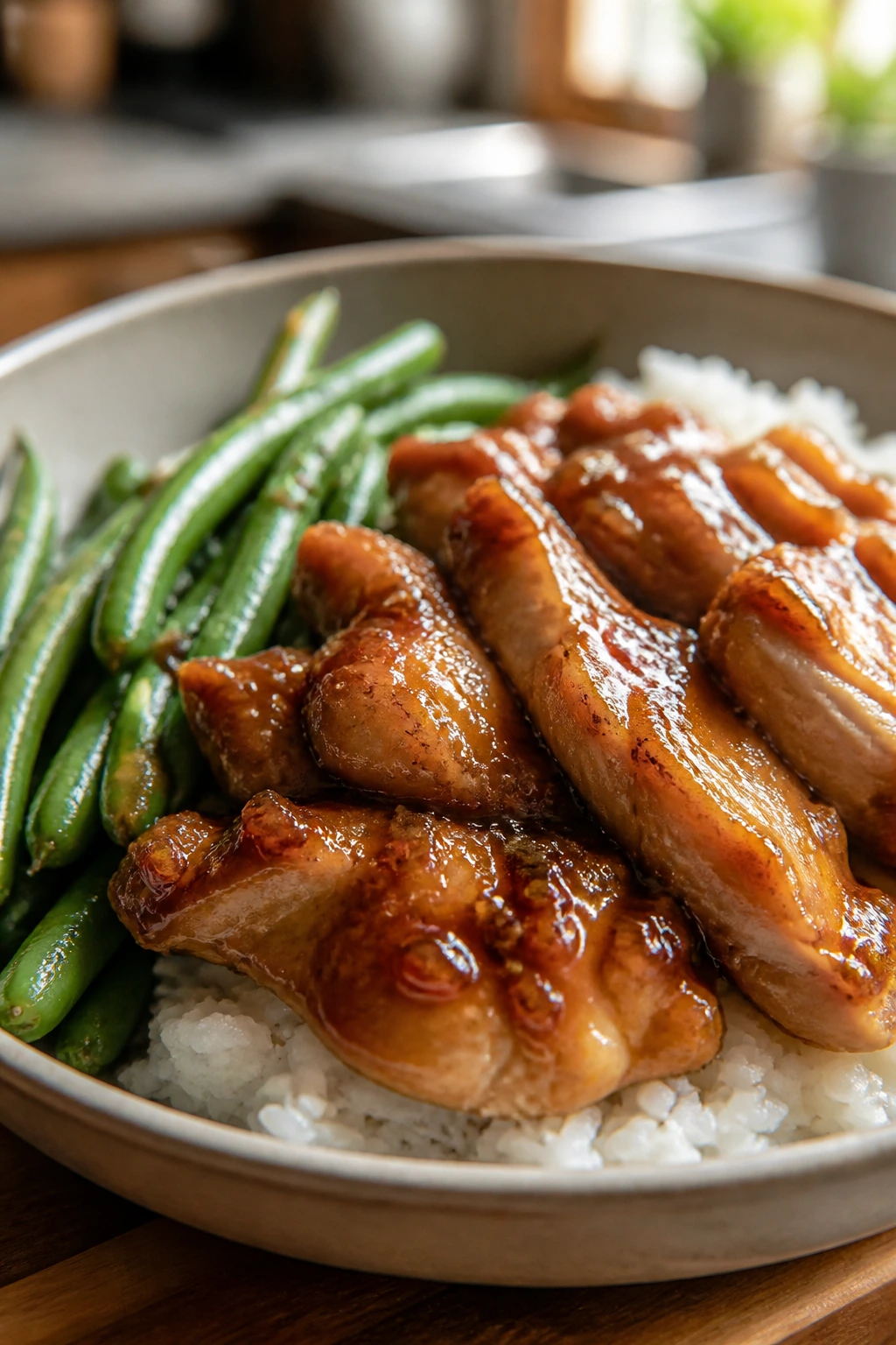 Close-up of Honey Garlic Chicken Rice Green Beans bowl with glaze