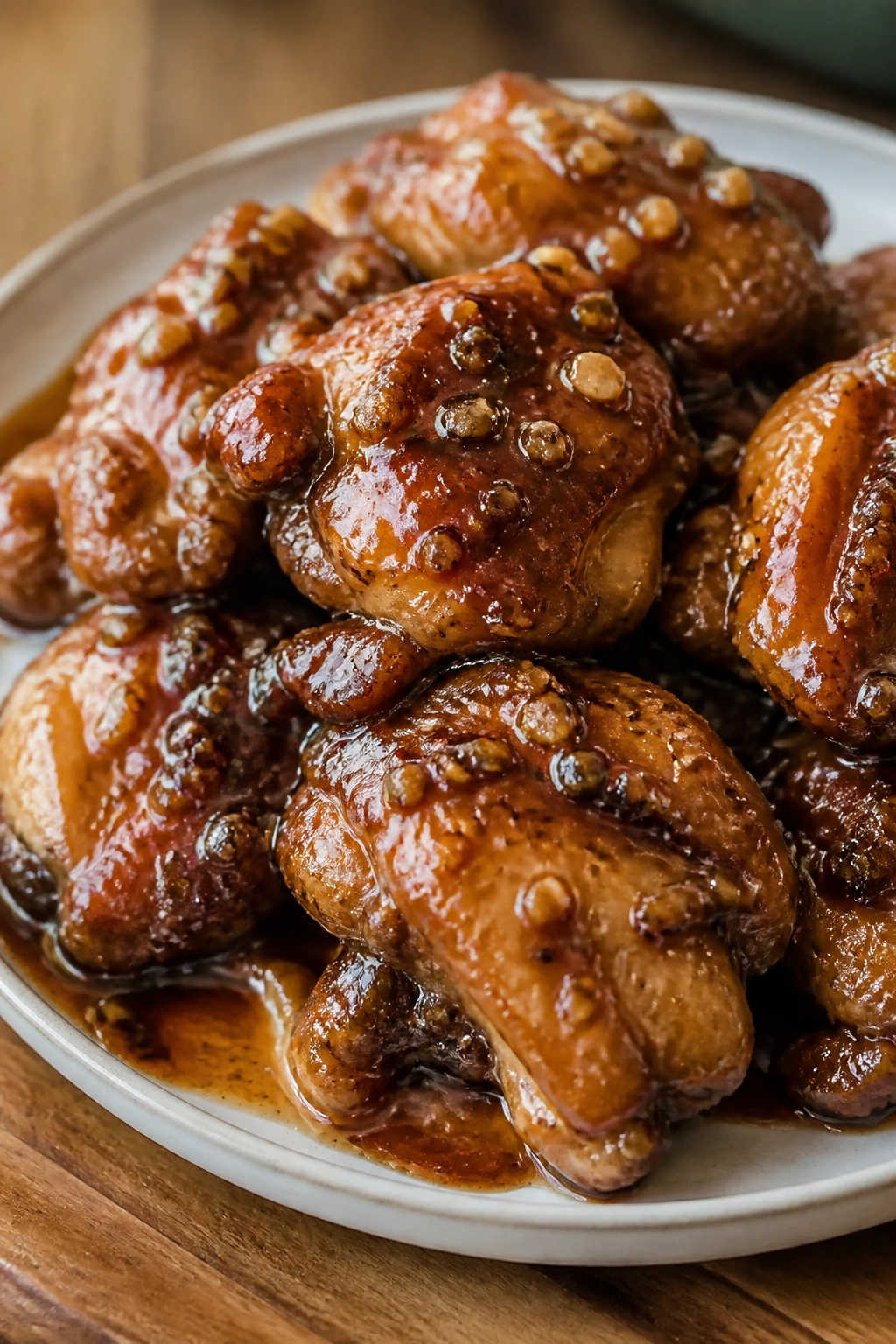 Close-up of honey garlic chicken thighs with glossy glaze on a plate