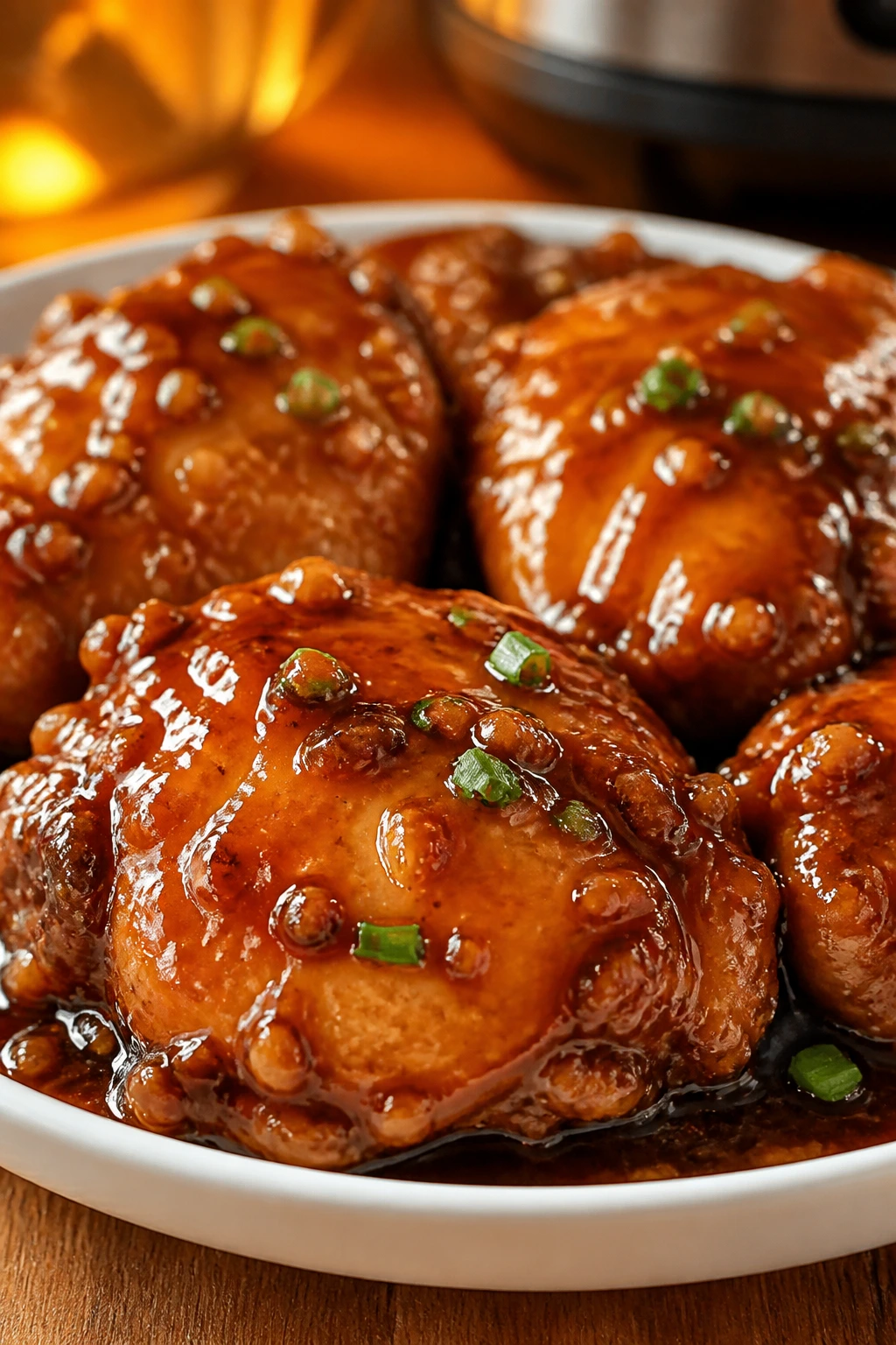 Close-up of honey garlic chicken thighs in glossy glaze on a plate