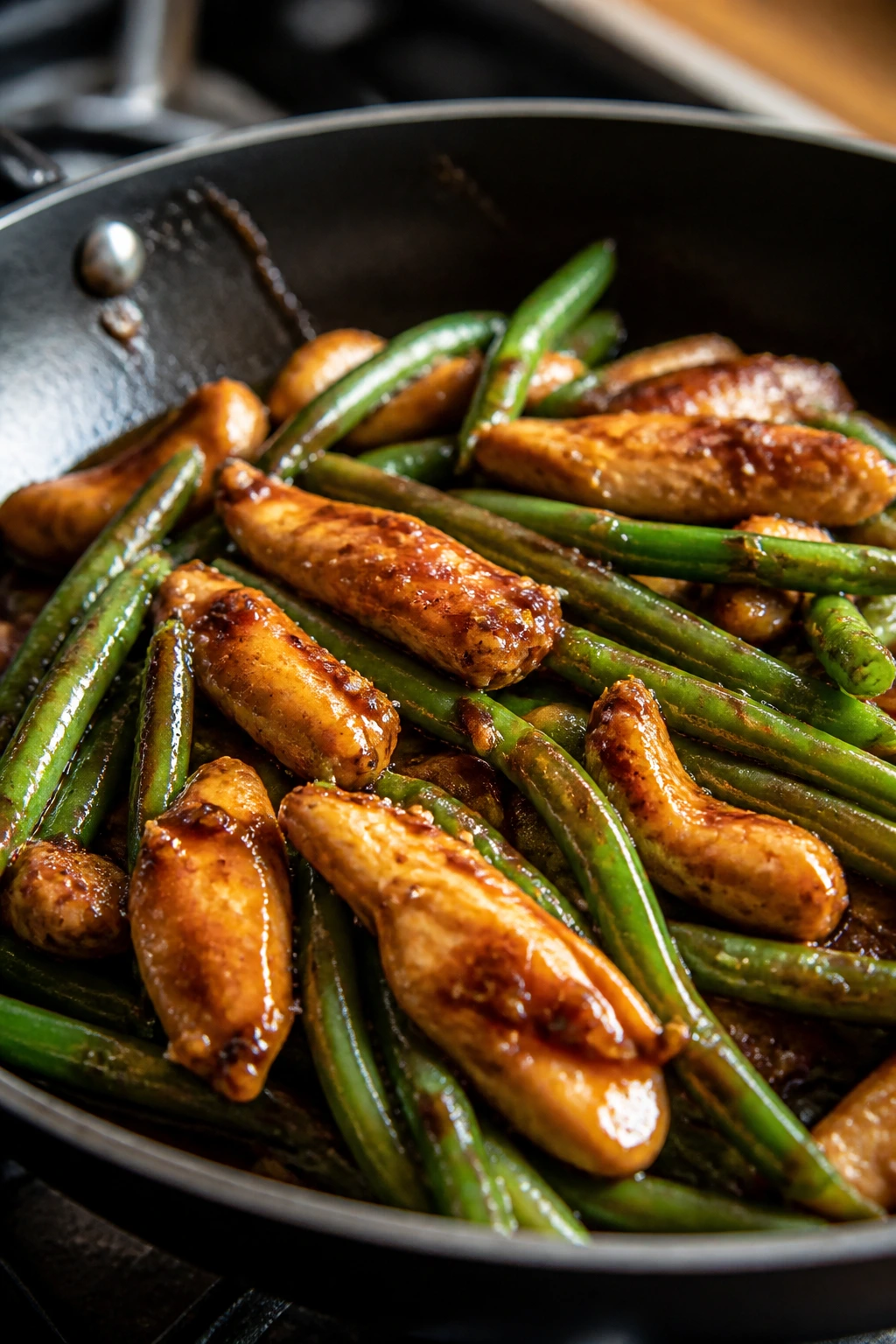 Close-up of honey garlic chicken with green beans in glaze.