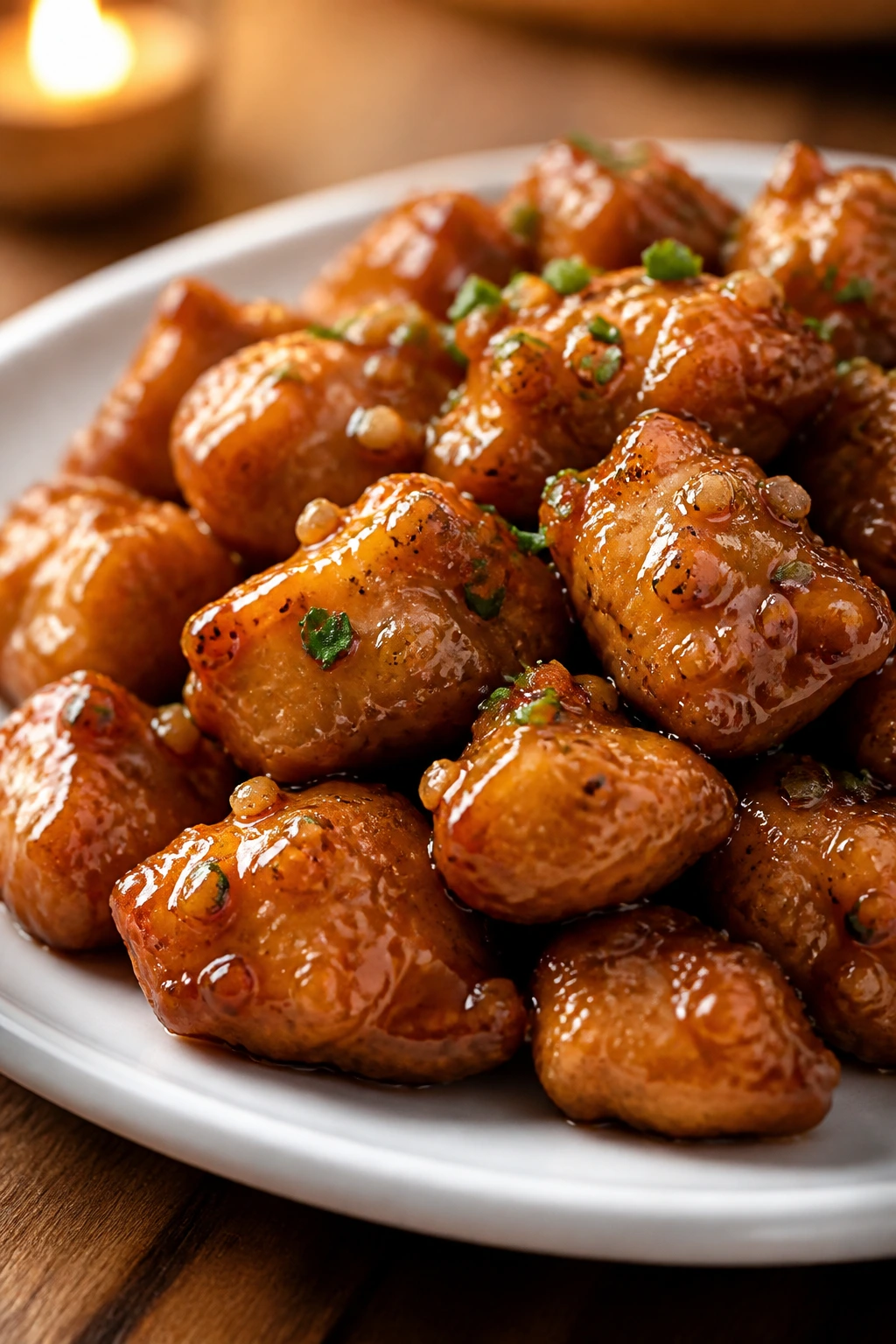 Glossy honey garlic chicken bites on a plate in a warm kitchen