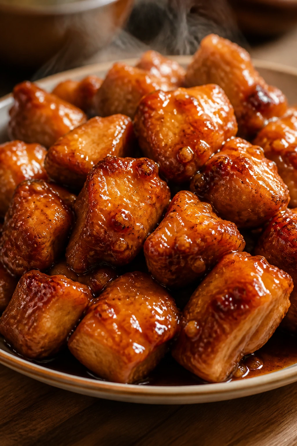 Glossy honey garlic chicken bites on a plate
