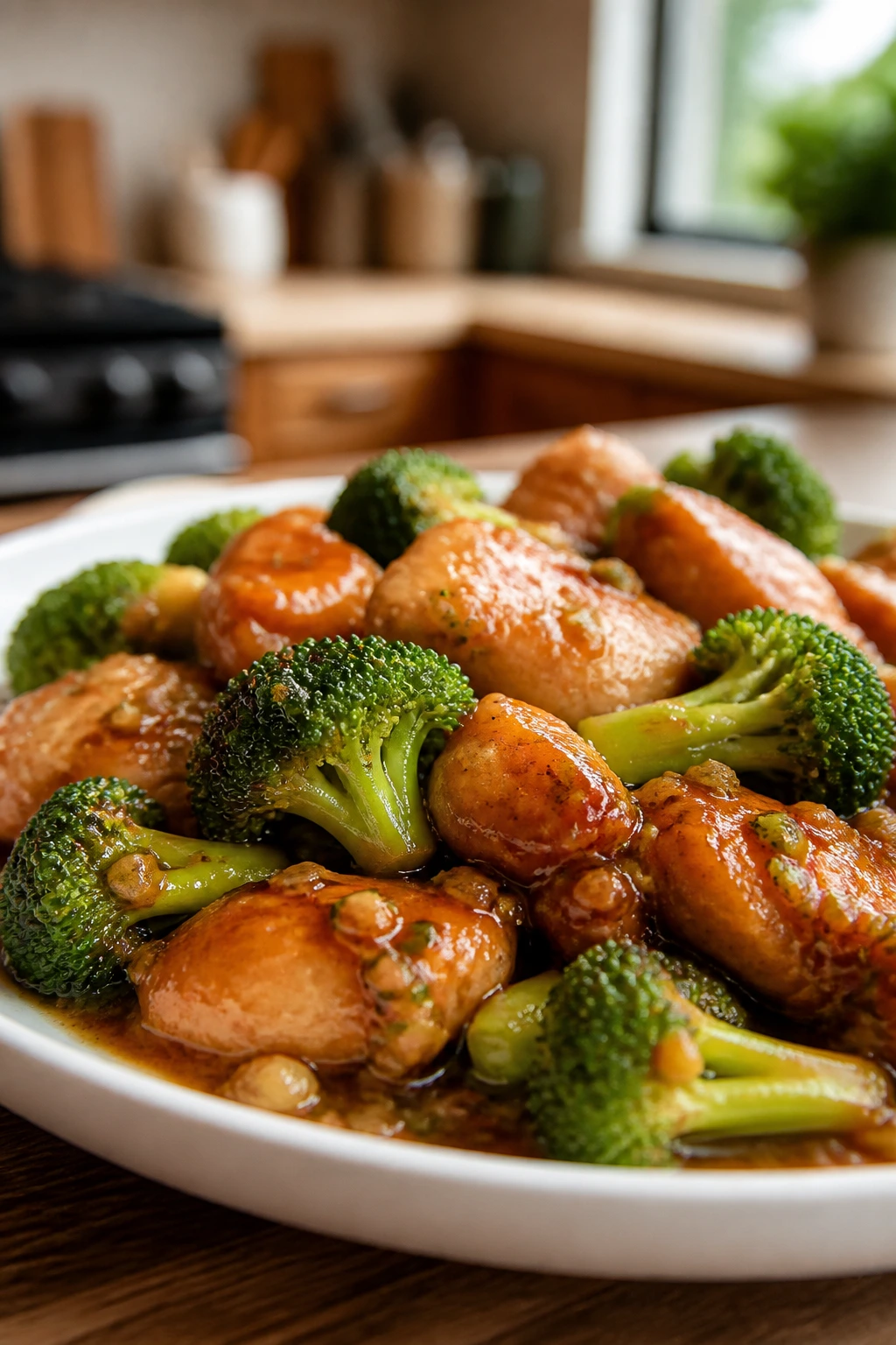 Honey garlic chicken with broccoli on plate
