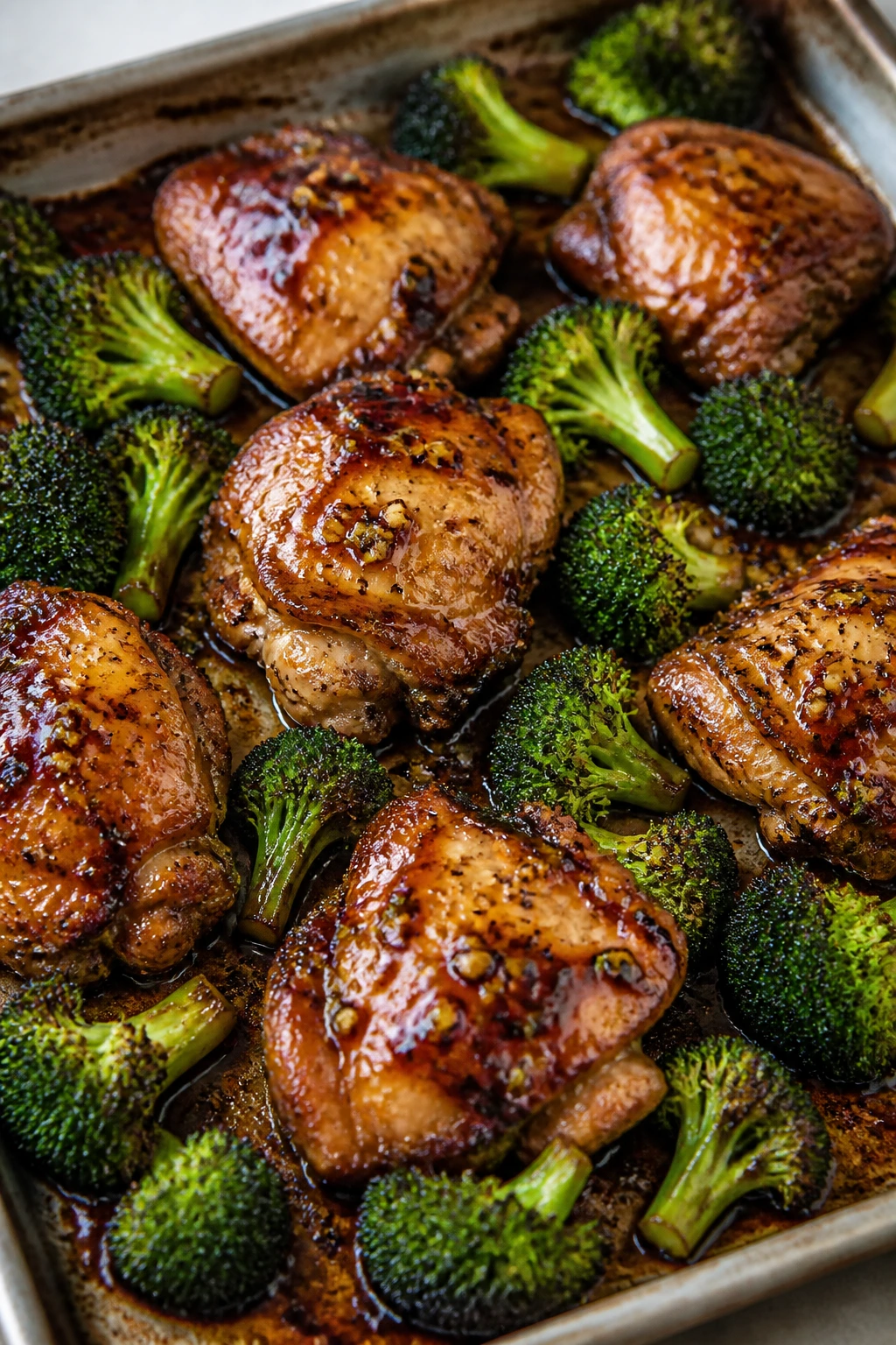 Honey garlic chicken thighs with broccoli on a baking sheet