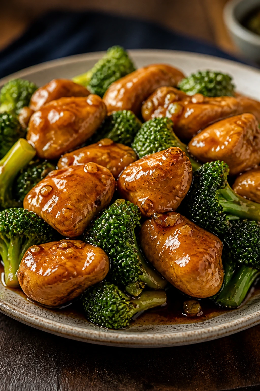Glossy honey garlic chicken with broccoli on a plate