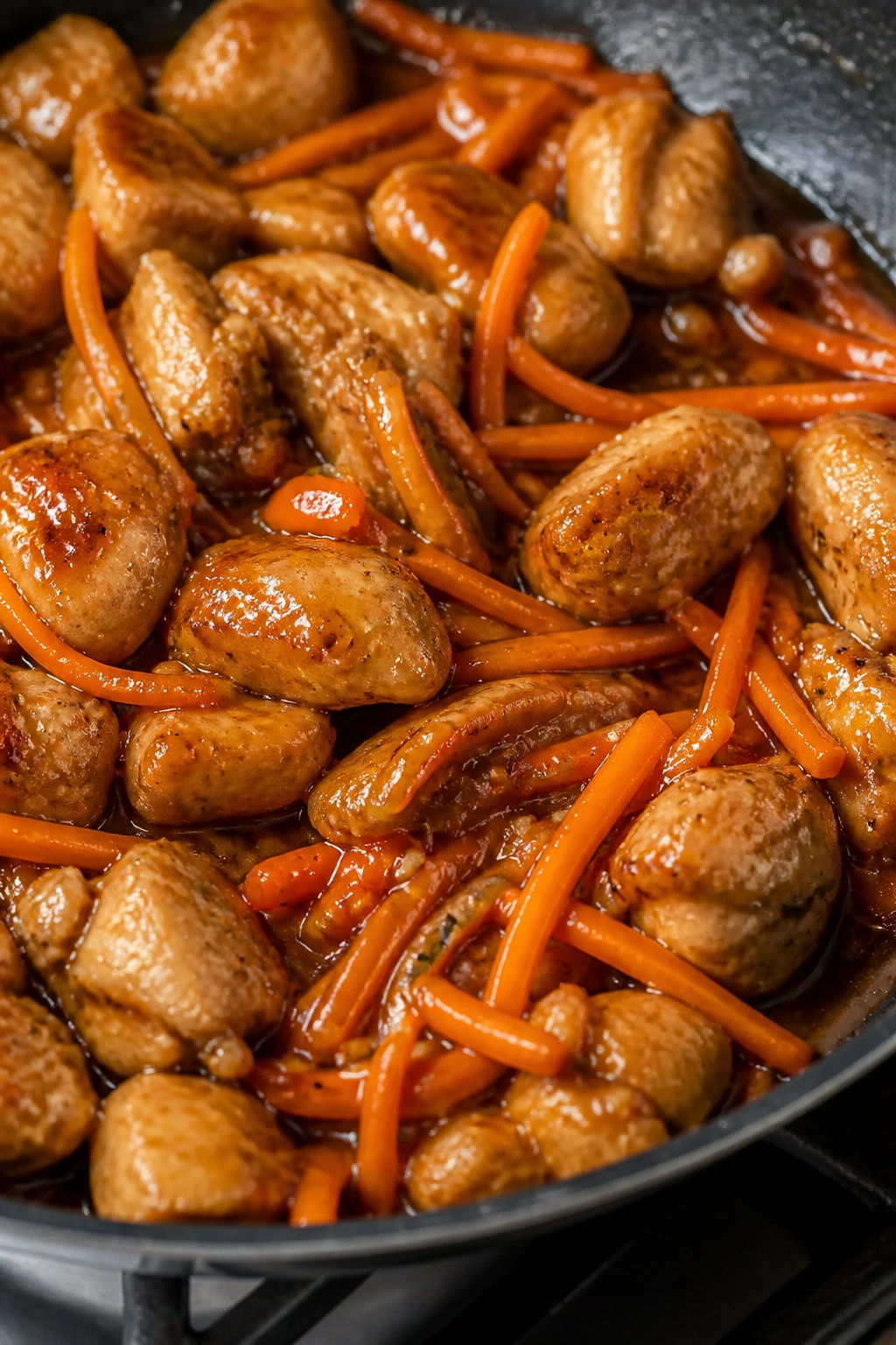 Close-up of honey garlic chicken with carrot matchsticks in a skillet