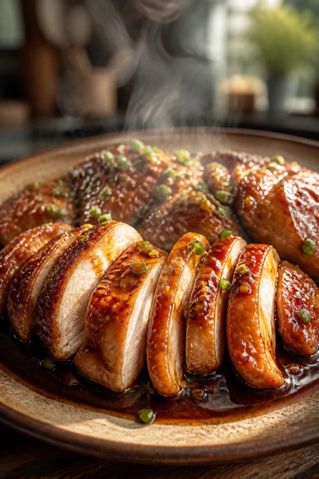 Close-up of glossy honey garlic chicken dinner plated with sauce and steam