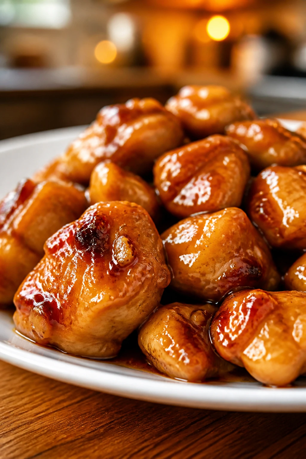 Close-up of glossy honey garlic chicken bites on a plate