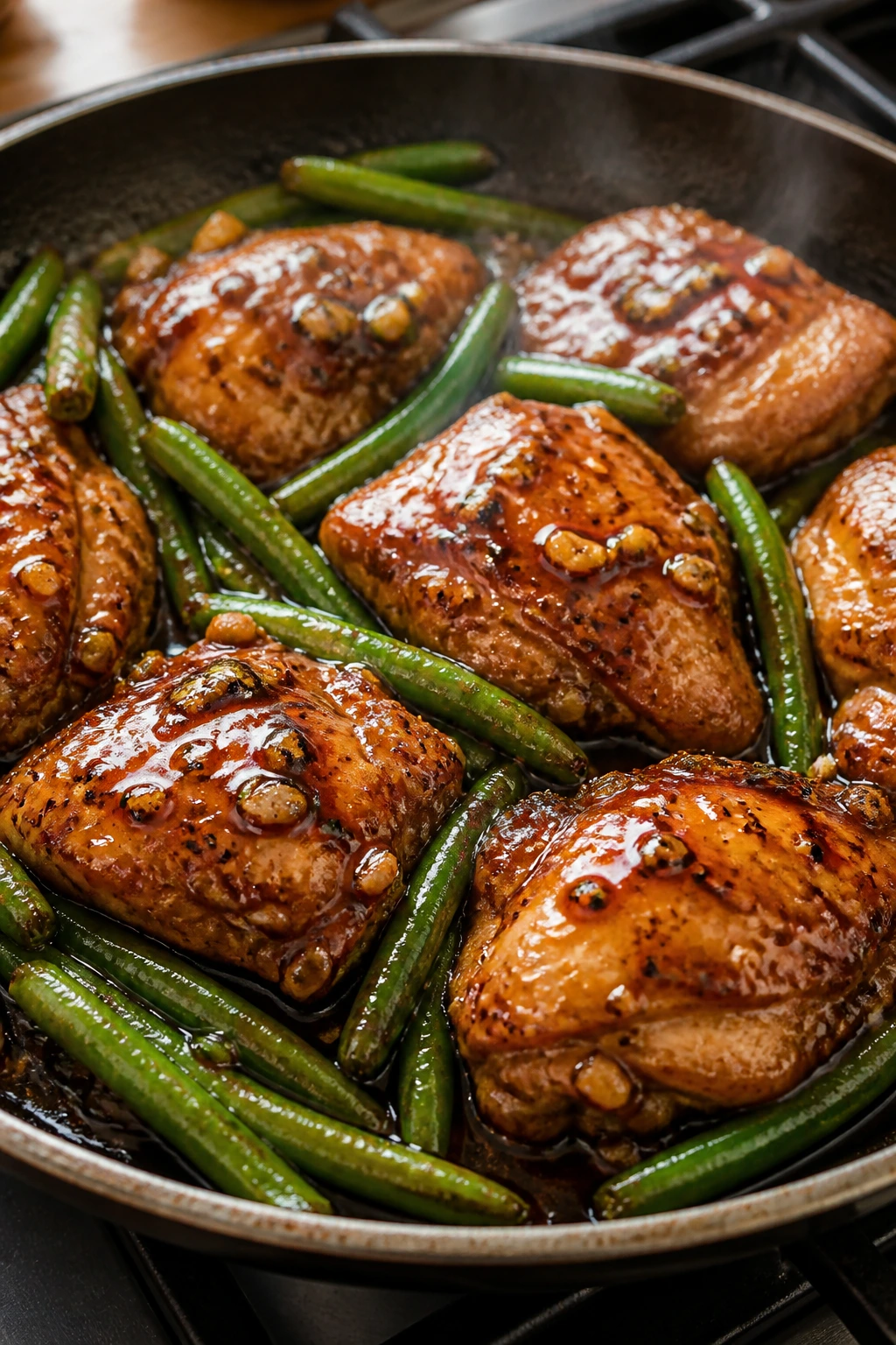 Close-up of Honey Garlic Chicken and Green Beans in a skillet