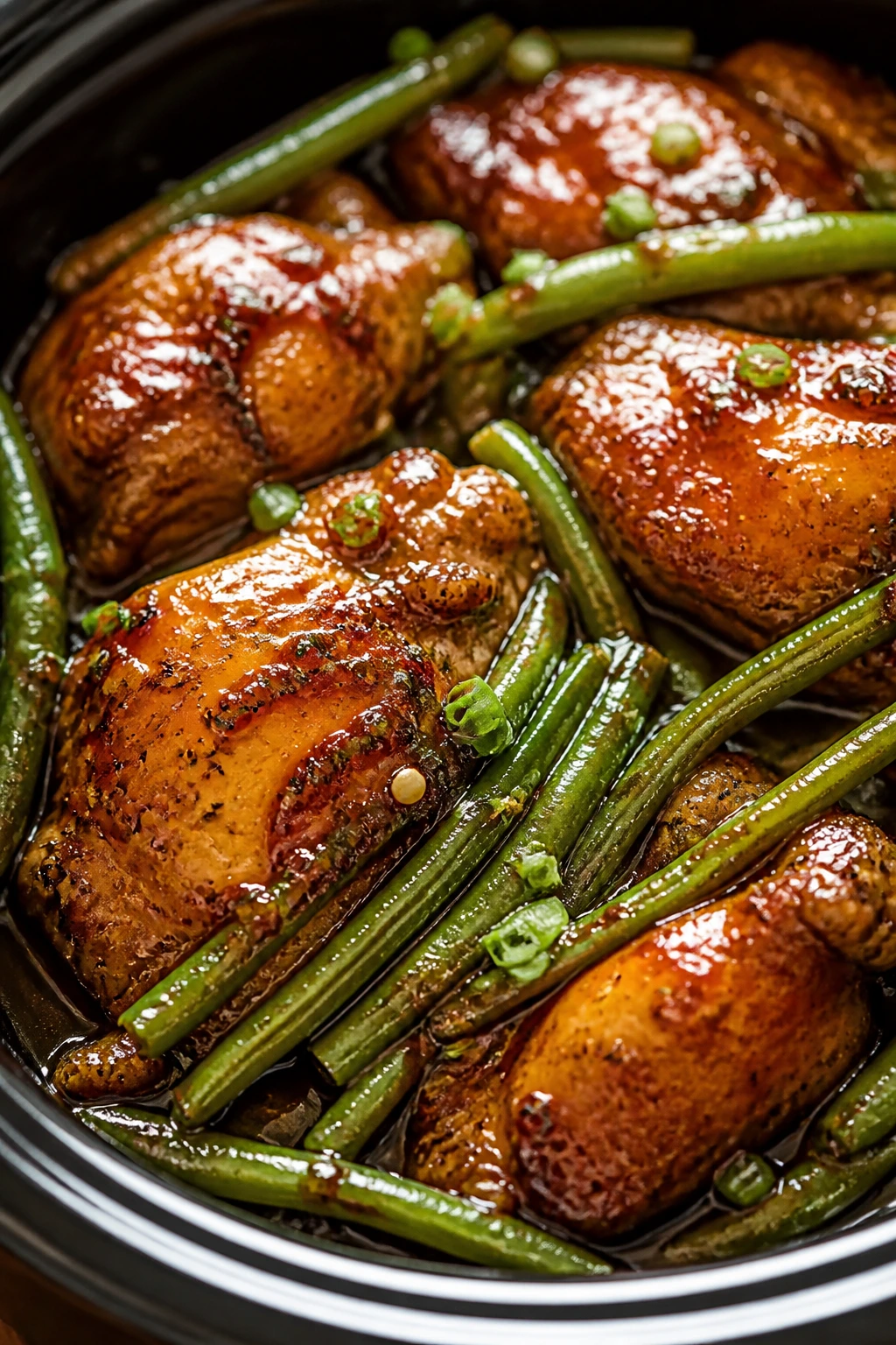 Honey garlic chicken with green beans close-up