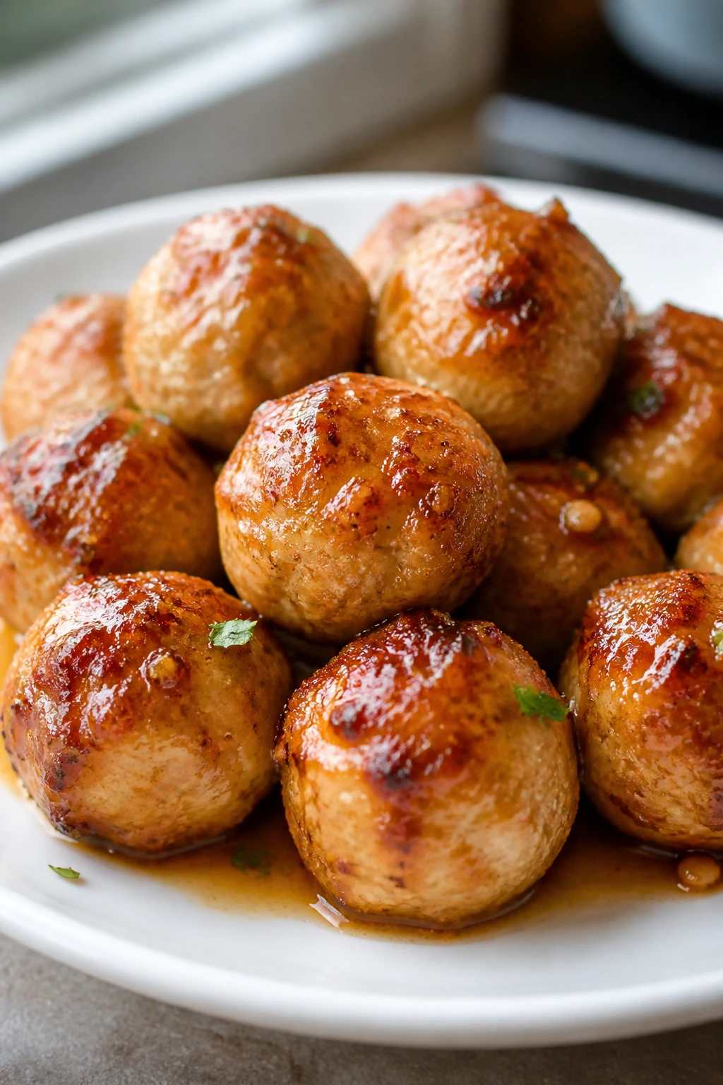 Medium-close-up Honey-Garlic Chicken Meatballs with amber glaze