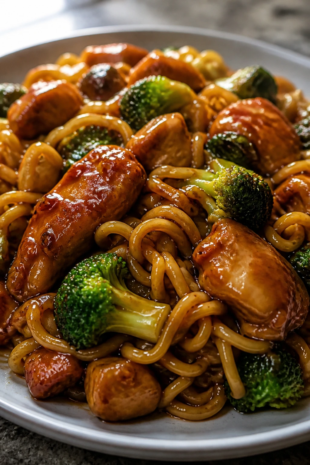 Glossy honey garlic chicken with noodles and broccoli on plate