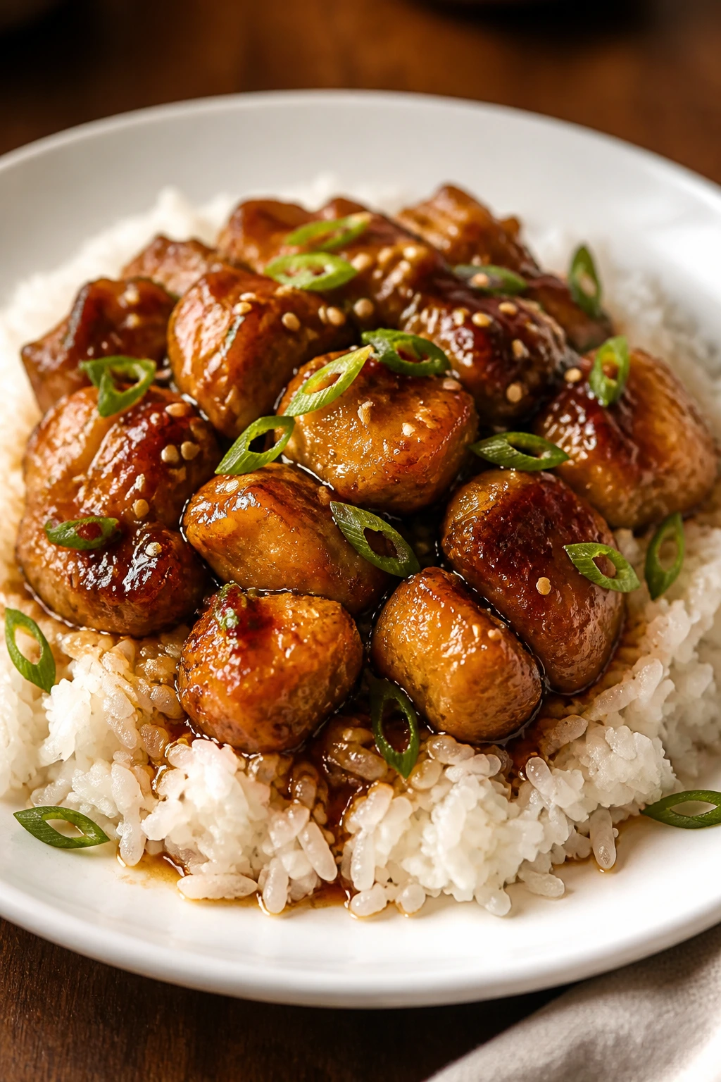 Plate of glossy honey-garlic chicken with rice and garnish