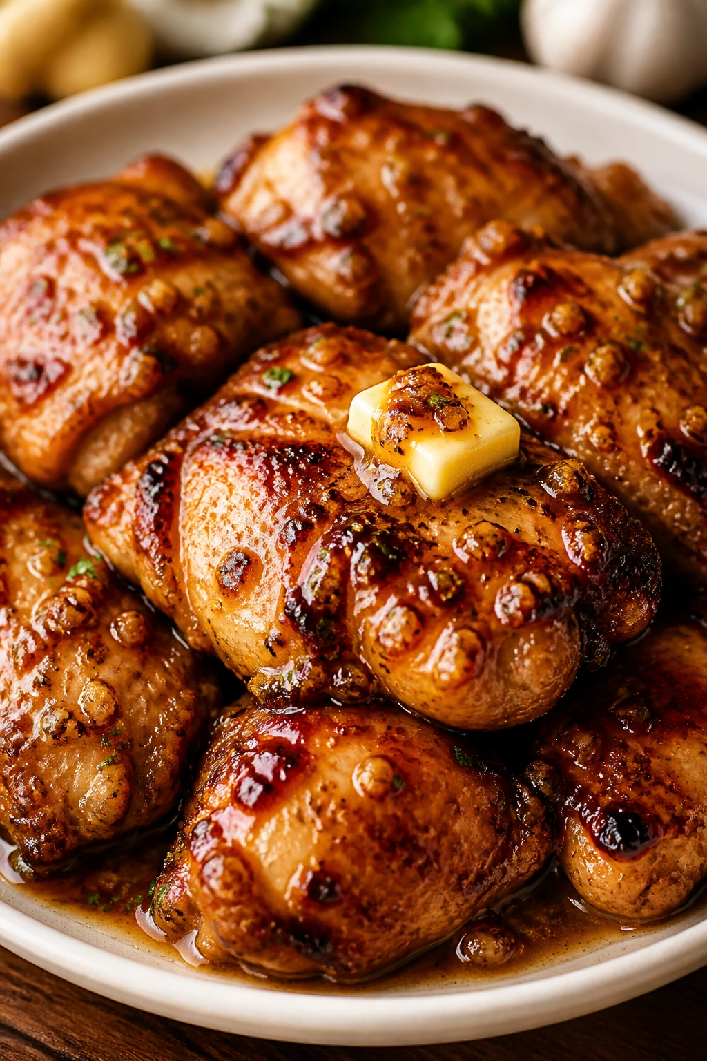 Close-up of juicy honey garlic chicken on plate with glossy glaze