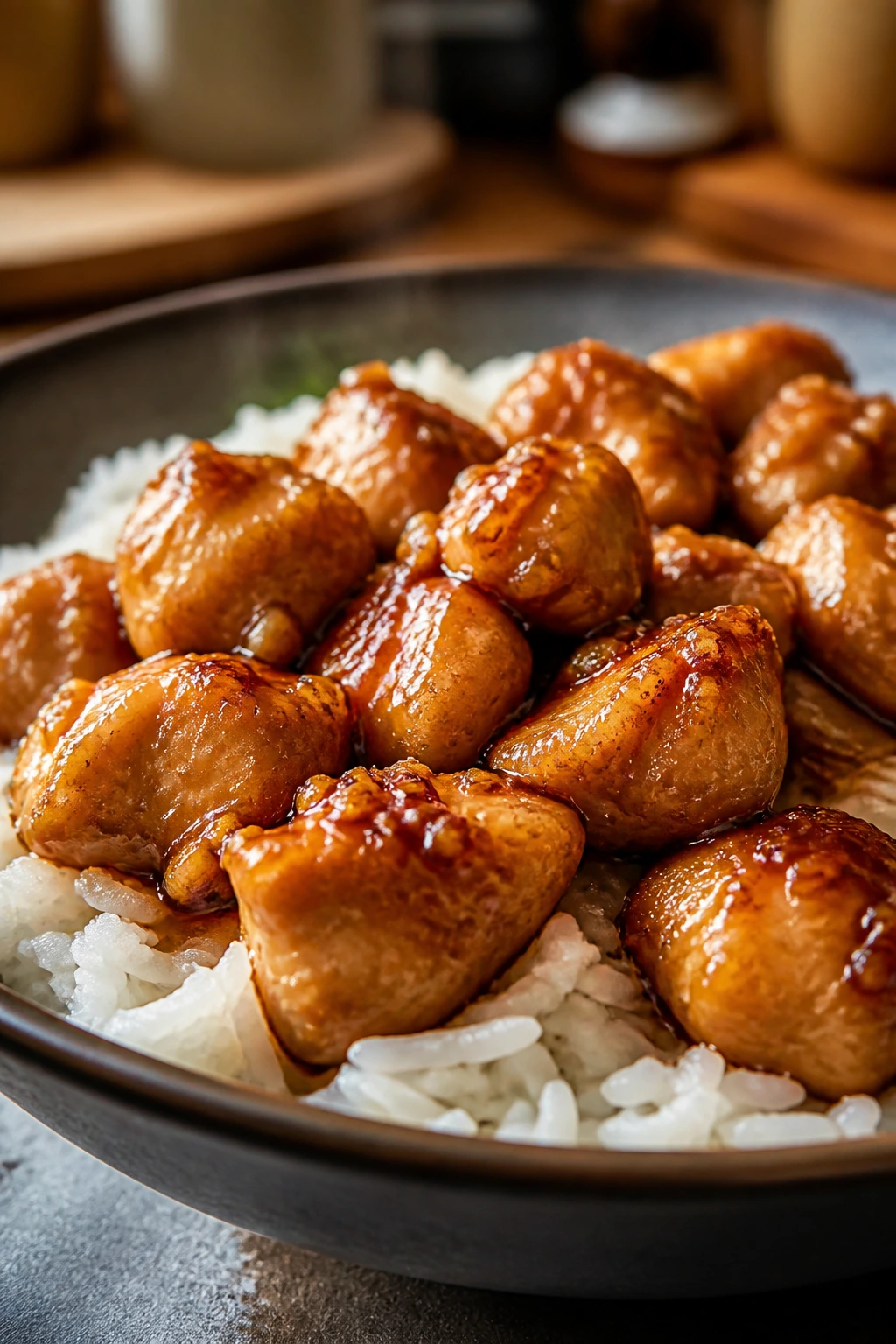 Glossy honey-garlic chicken with rice on a plate