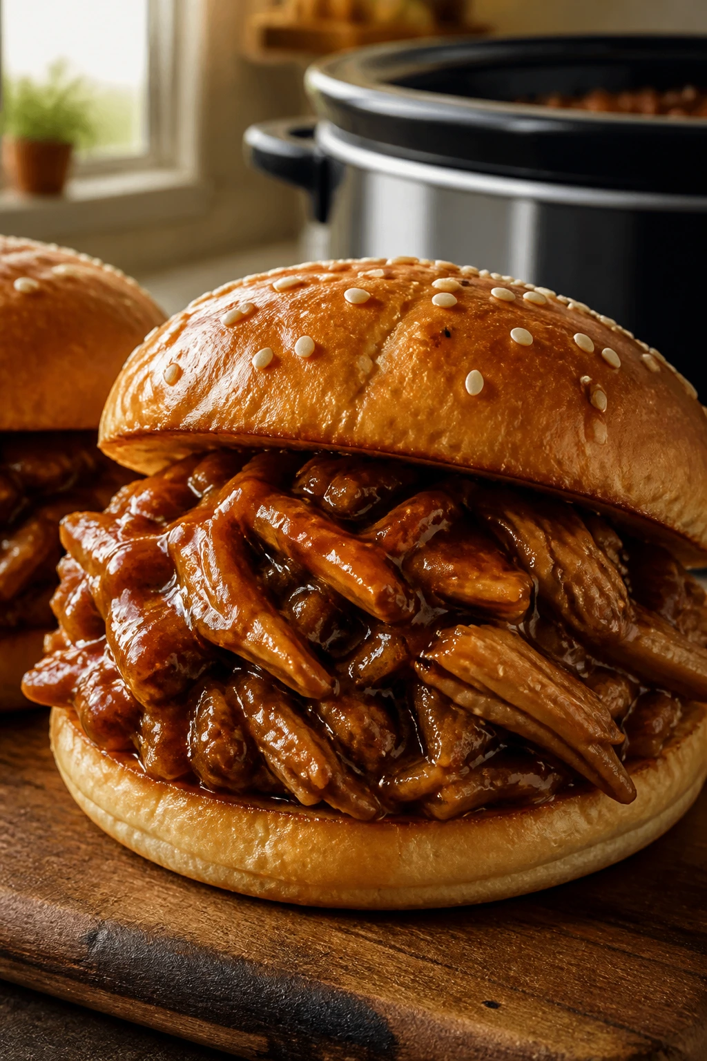Close-up of Honey Garlic Chicken Sandwich on a bun with glossy glaze in a warm kitchen
