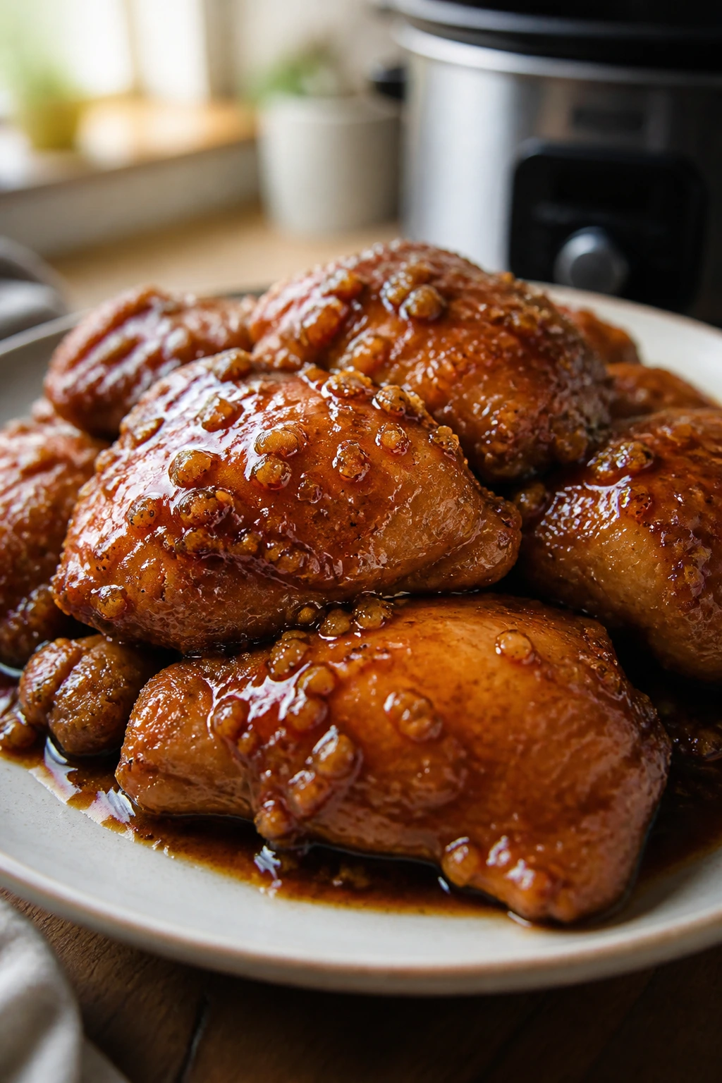 Glazed honey garlic chicken thighs in glossy sauce on plate