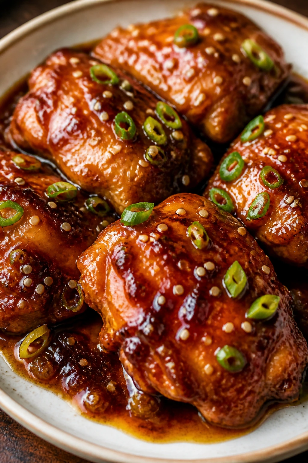 Glazed honey garlic chicken thighs on a plate