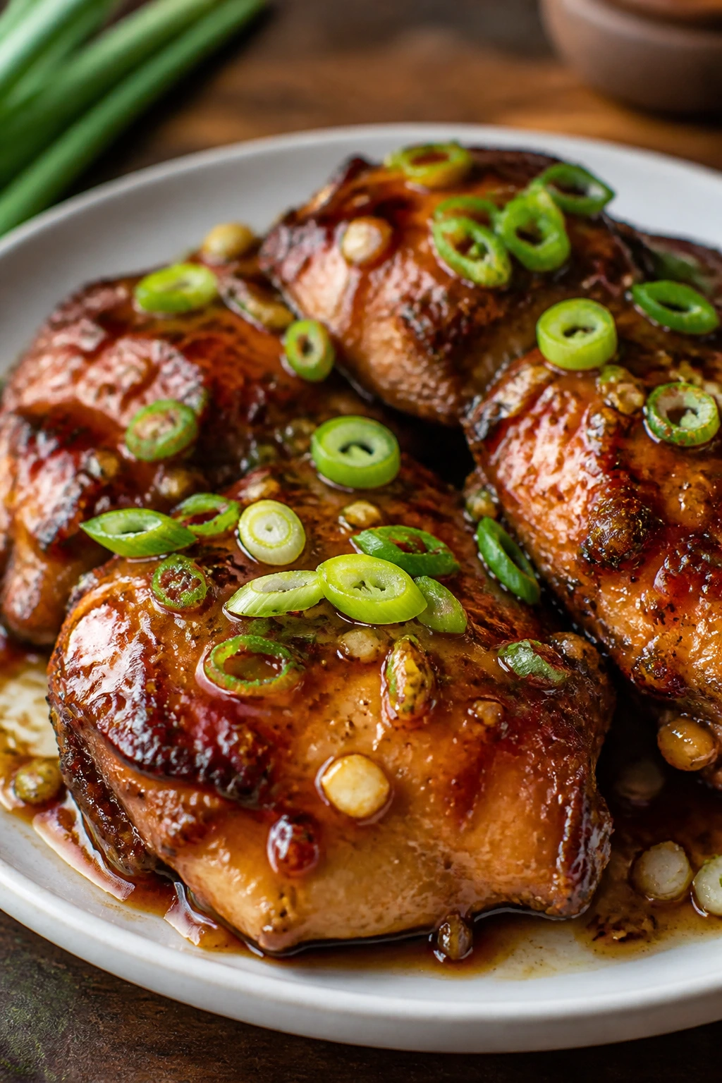 Sticky honey garlic chicken thighs with scallions on plate.
