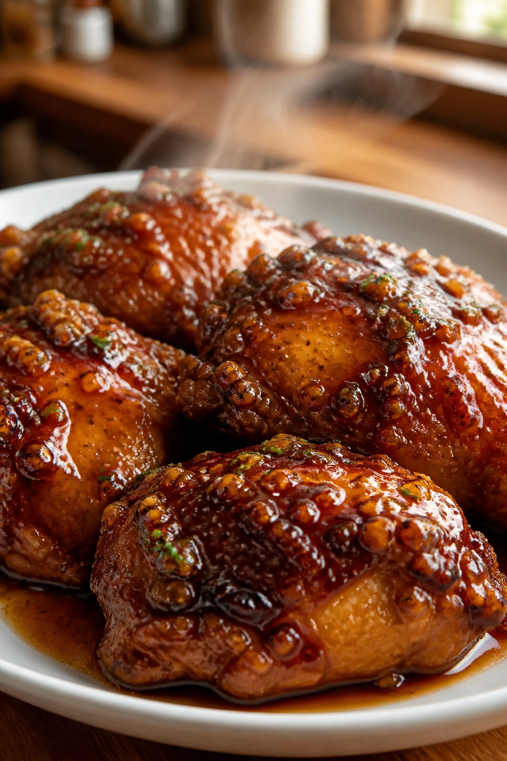 Close-up of glossy honey garlic chicken thighs on a plate in a cozy kitchen
