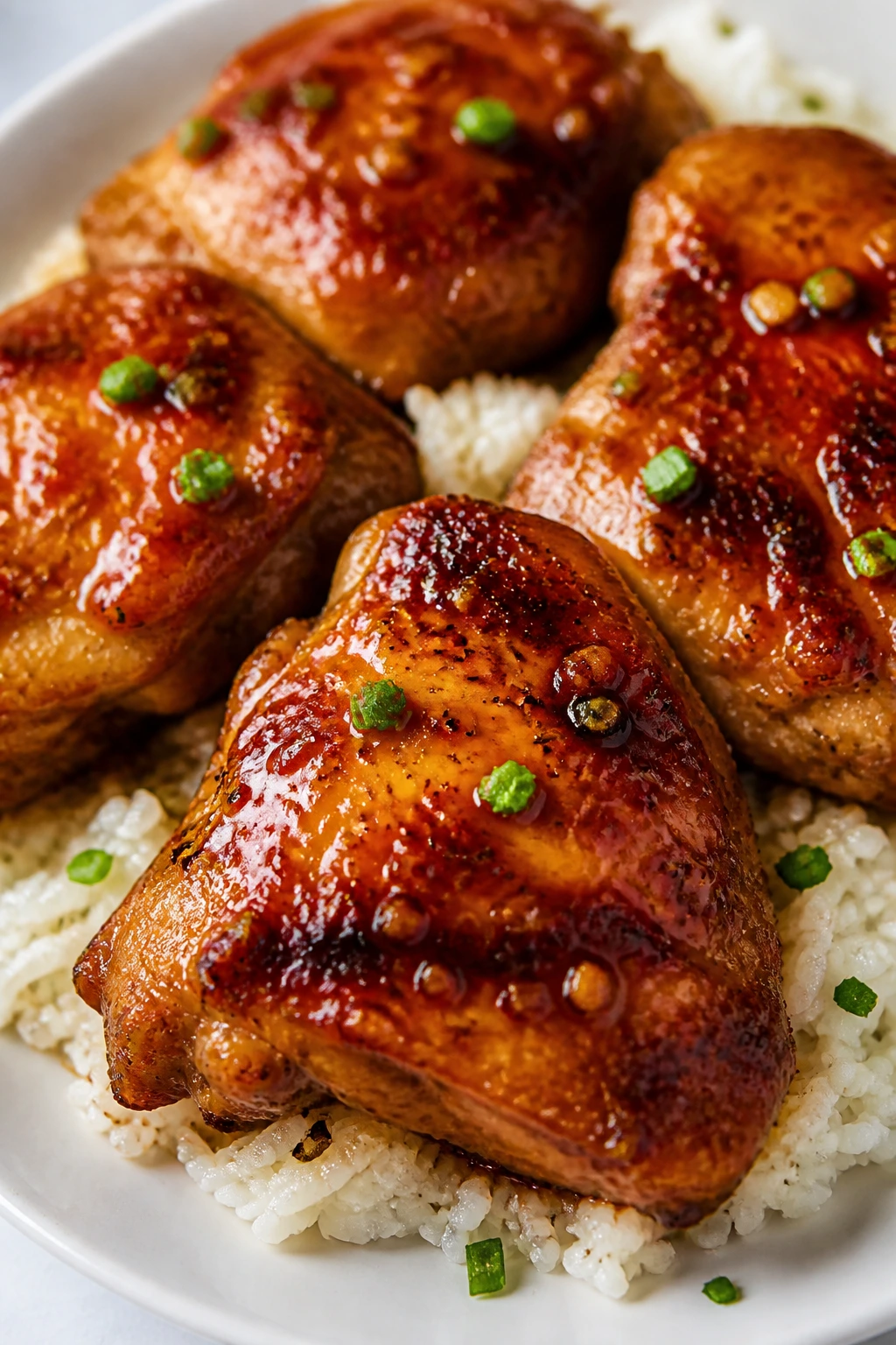 Juicy honey garlic chicken thighs glazed and served over rice on a plate