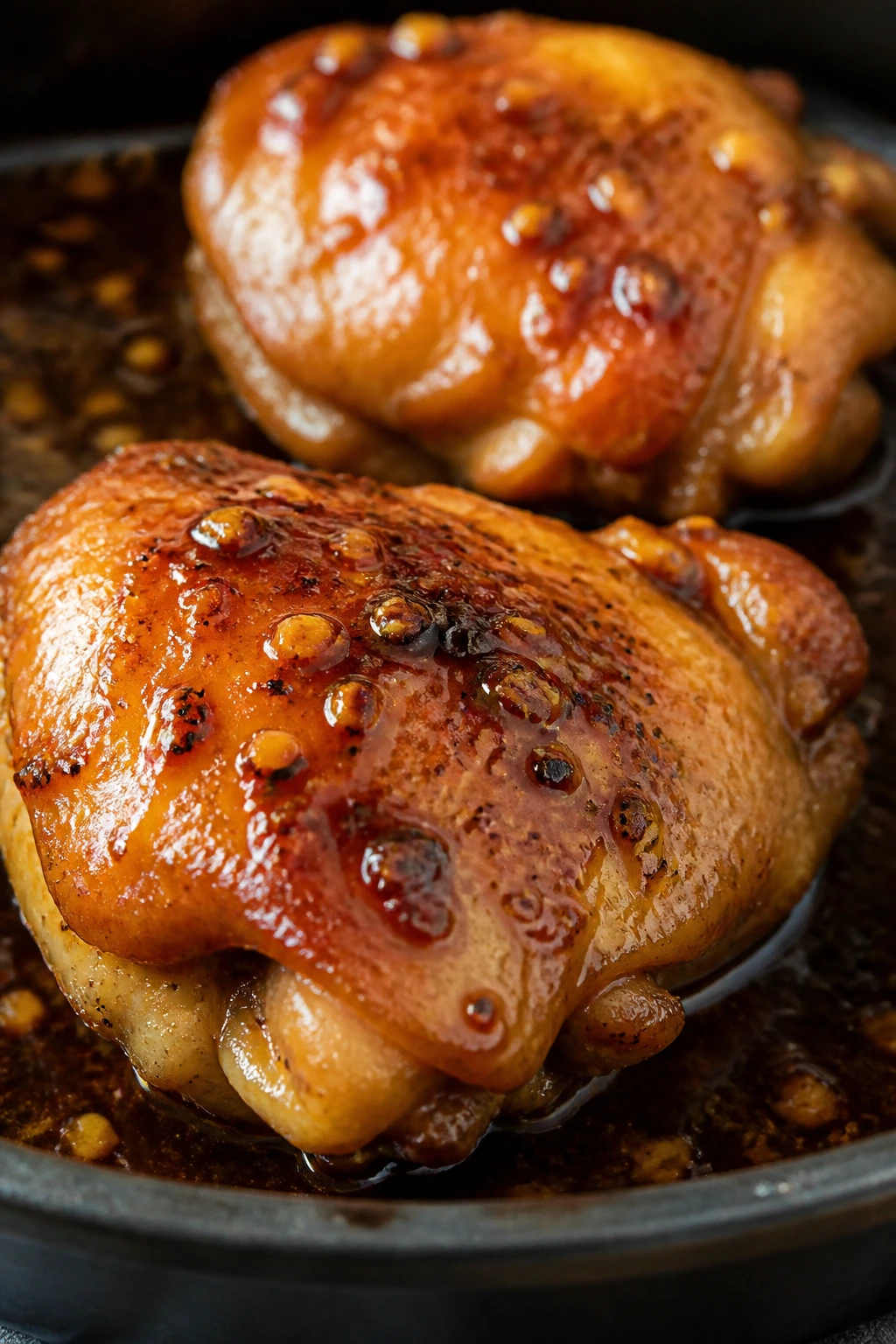 Close-up of honey garlic chicken thighs with glossy glaze on a baking dish