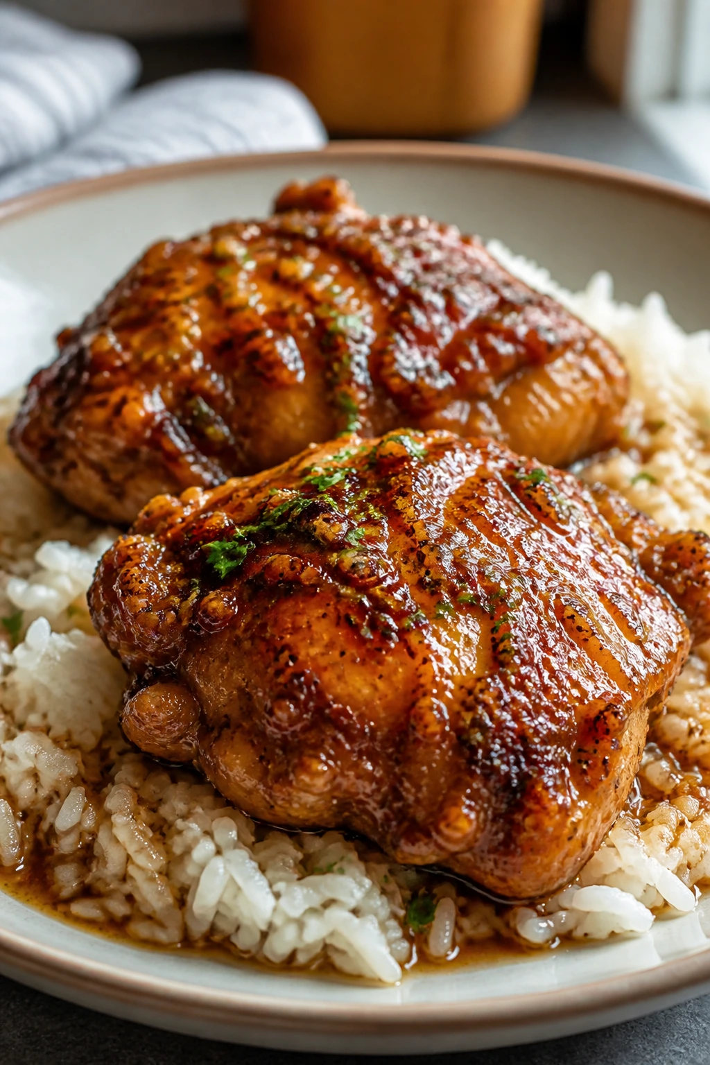Glossy honey garlic chicken thighs on plate with rice