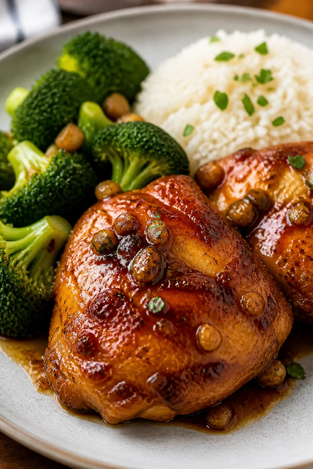 Close-up of honey garlic chicken thighs with broccoli and rice