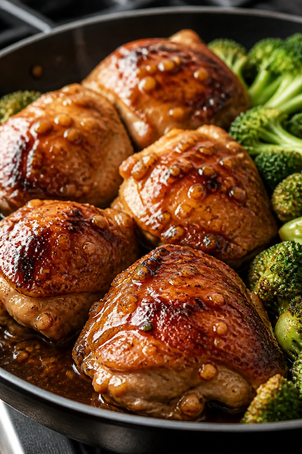 Close-up of honey garlic chicken thighs with glossy glaze in skillet.